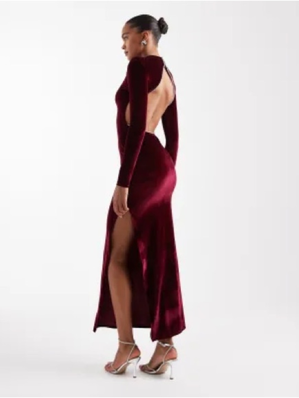 ASOS Long-Sleeve Velvet Open-Back Gown in Burgundy